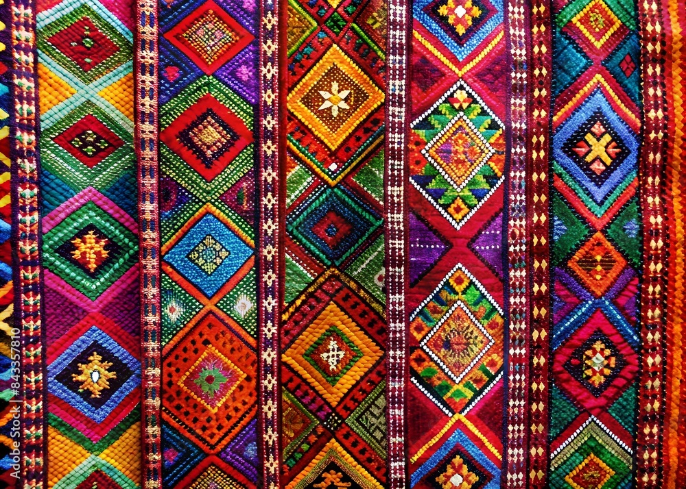 Bright Multi-Colored Geometric Shapes And Patterns In An Intricate Hand-Woven Textile. Bright Multi-Colored Geometric Shapes And Patterns In An Intricate Hand-Woven Textile.