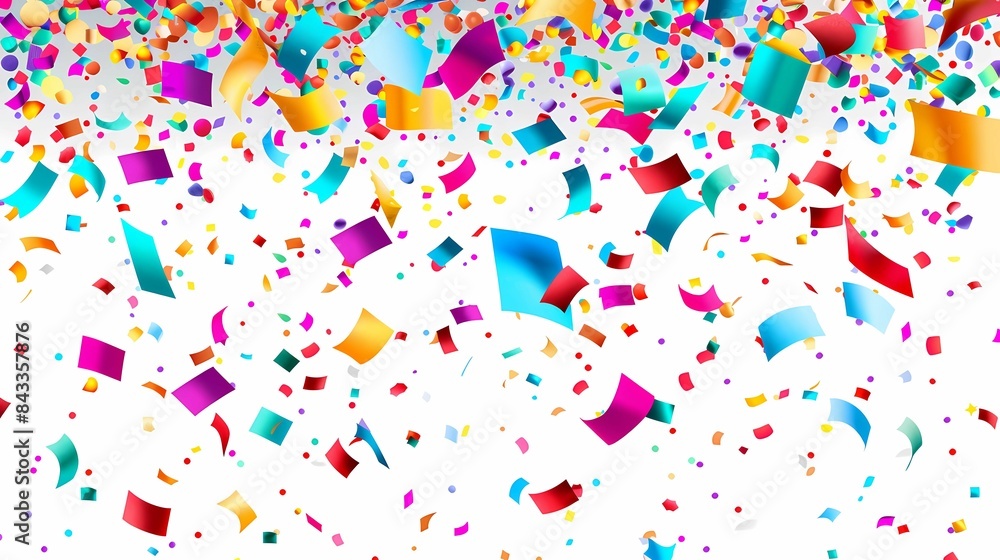 Fototapeta premium A photo of a colorful ribbon with confetti on white background.
