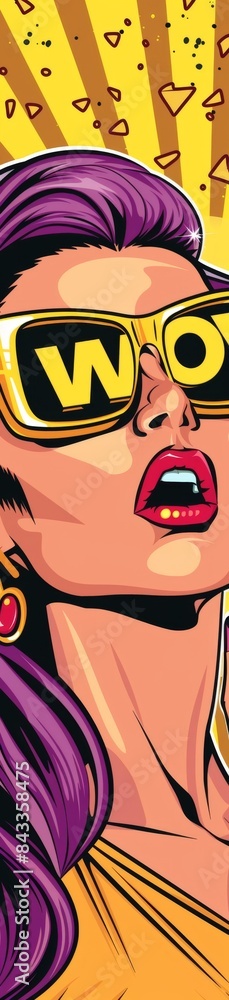 Pop art style comic book panel featuring a surprised woman with wow sunglasses