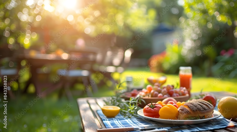 Defocused Outdoor Dining Table Set with Food for Summer Picnic Defocused Outdoor Dining Table Set with Food for Summer Picnic