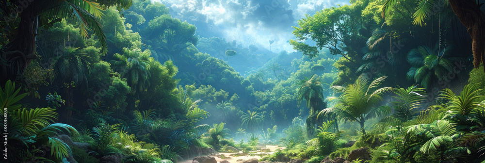 Fototapeta premium tropical jungle, filled with diverse plant life and towering trees, creating a tranquil green forest background teeming with life.