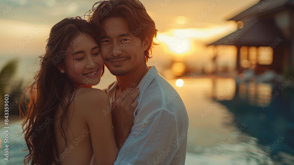 Back portrait of Asian young couple standing and hugging together looking happy in front of their new house to start new life. generative ai Back portrait of Asian young couple standing and hugging together looking happy in front of their new house to start new life. generative ai