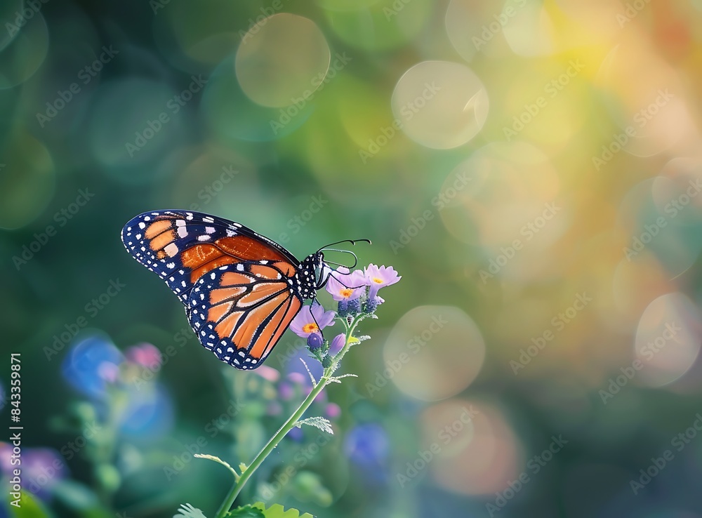 Obraz premium Beautiful butterfly on flower in the garden with green background, copy space concept