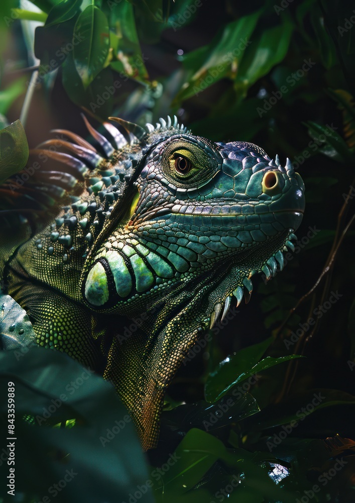 Green Iguana in Tropical Rainforest - A vibrant green iguana perched on a branch in a tropical rainforest, showcasing its intricate scales and colorful spines in natural habitat.