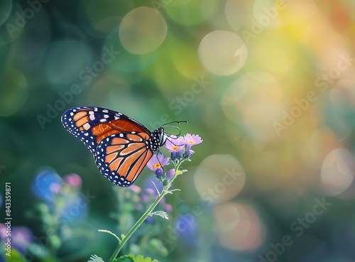 Beautiful butterfly on flower in the garden with green background, copy space concept