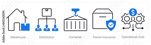 A set of 5 Logistics icons as warehouse, distribution, container, parcel insurance