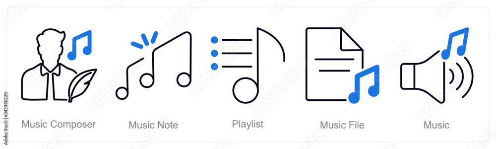 A set of 5 Music icons as music composer, music note, playlist A set of 5 Music icons as music composer, music note, playlist