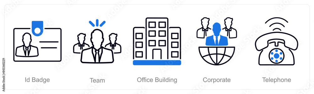 A set of 5 Office icons as id badge, team, office building A set of 5 Office icons as id badge, team, office building