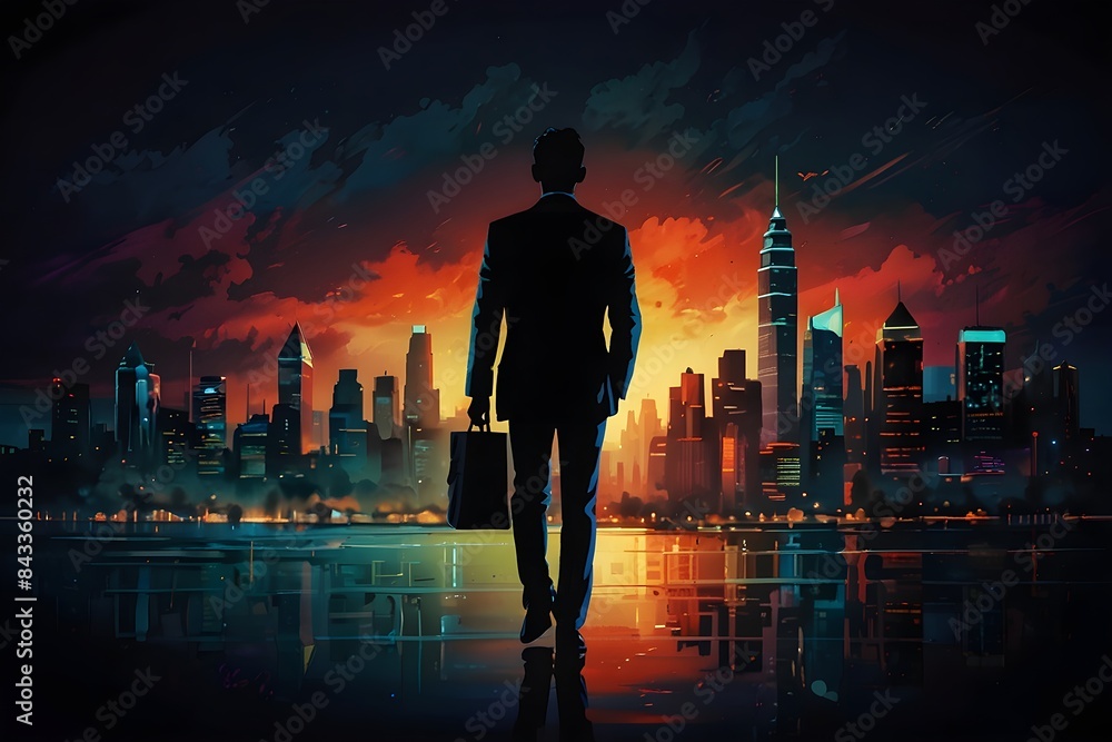 A businessman with briefcase in the front of modren city A businessman with briefcase in the front of modren city