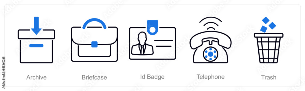A set of 5 Office icons as archive, briefcase, id badge A set of 5 Office icons as archive, briefcase, id badge