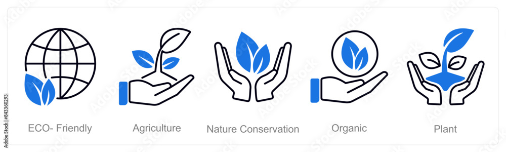 A set of 5 Organic Farming icons as eco-friendly, agriculture, nature conservation A set of 5 Organic Farming icons as eco-friendly, agriculture, nature conservation
