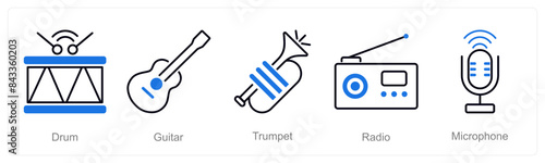 A set of 5 Music icons as drum, guitar, trumpet