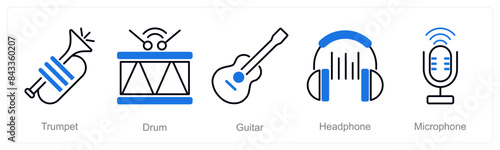 A set of 5 Music icons as trumpet, drum, guitar