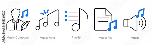 A set of 5 Music icons as music composer, music note, playlist