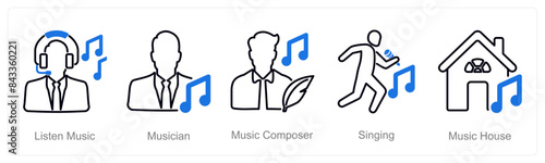 A set of 5 Music icons as listen music, musician, music composer