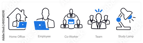 A set of 5 Office icons as home office, employee, co-worker