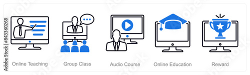 A set of 5 Online Education icons as online teaching, group class, audio course