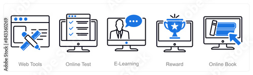 A set of 5 Online Education icons as web tools, online test, e-learning