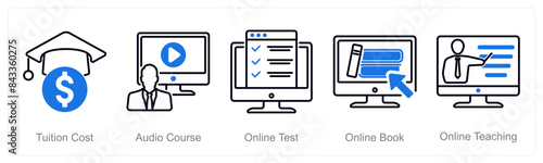 A set of 5 Online Education icons as tuition cost, audio course, online test