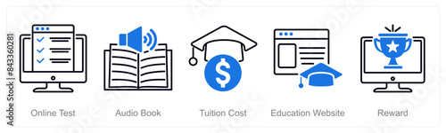 A set of 5 Online Education icons as online test, audio book, tuition cost