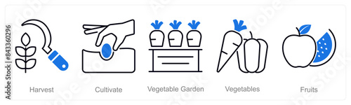 A set of 5 Organic Farming icons as harvest, cultivate, vegetable garden