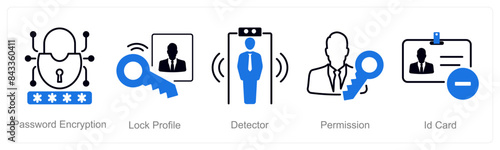 A set of 5 security icons as password encryption, lock profile, detector