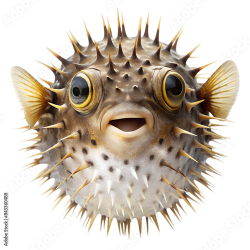 porcupinefish facing the camera. Its body is inflated, facing the camera. Its body is inflated on isolated background photo