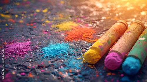 Colorful Crayons And Paint On Wooden Surface 
