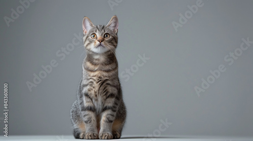 Portrait of a American wirehair cat sitting with gray background, Fluffy short hair kitty. Adorable domestic pet concept. photo