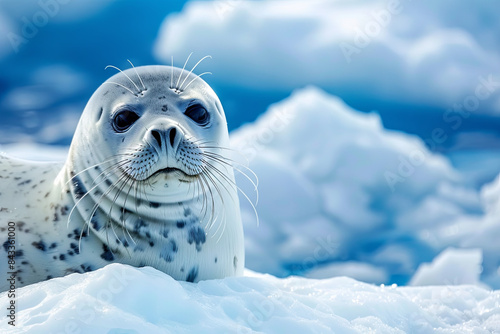 Adorable seal resting on blue icebergs or an icebreaker ship in a polar region photo