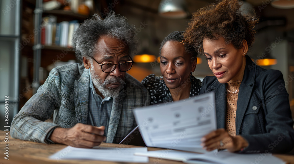 Mature couple discussing over documents with real estate agent at table.generative ai Mature couple discussing over documents with real estate agent at table.generative ai
