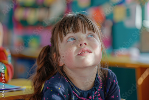 Portrait of a girl with Down syndrome in a classroom, promoting social inclusion and education for children with disabilities