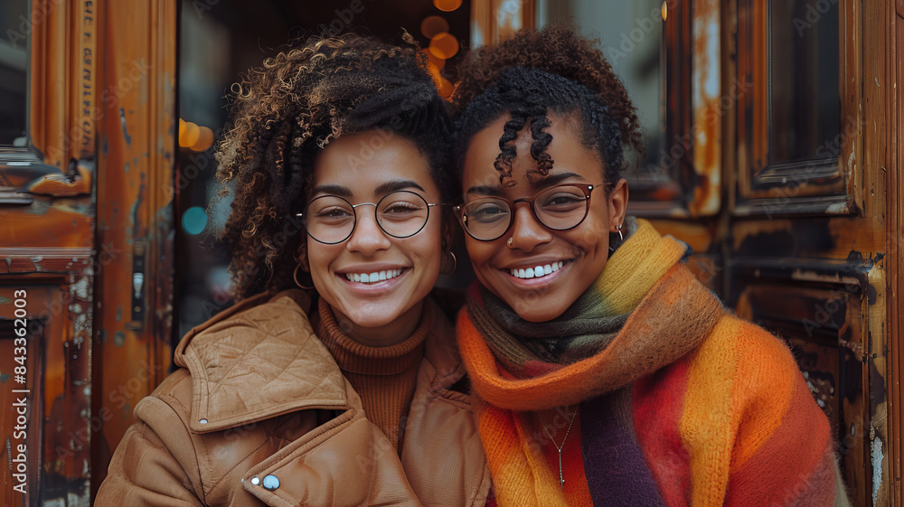 Happy gay couple sitting together in front of door,generative ai Happy gay couple sitting together in front of door,generative ai
