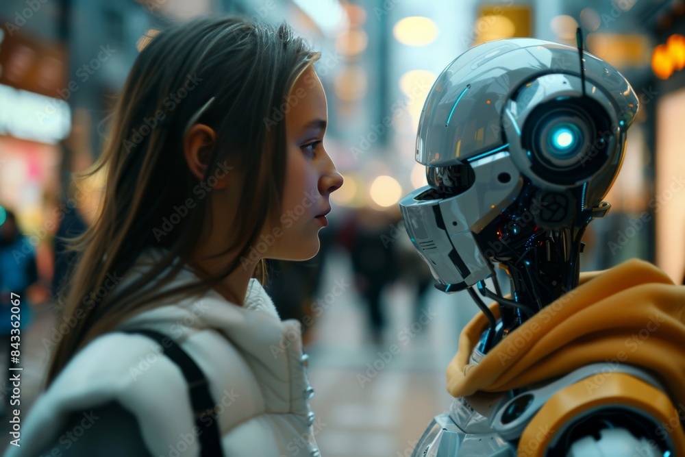 A woman is observing the robots facial features like jaw and eyelashes A woman is observing the robots facial features like jaw and eyelashes