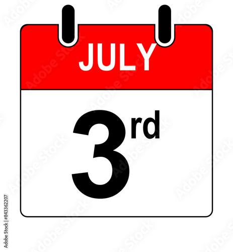 3rd July Calendar Date or Calendar Day for Appointments / Deadlines, Reminder Isolated On a Transparent Background. Vector Illustration,