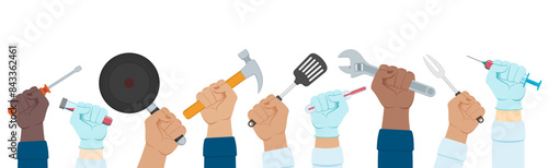 Kitchen utensils, medical equipment and tool in hands