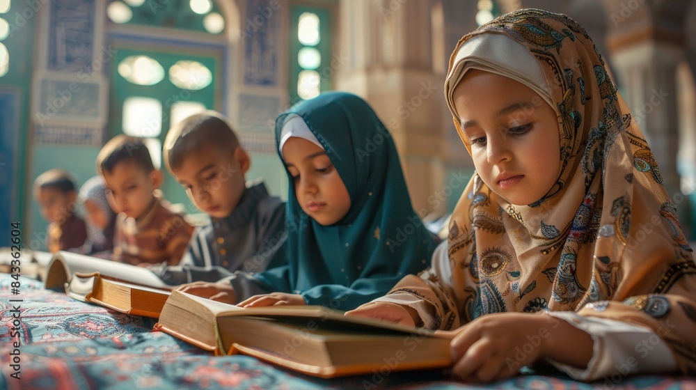 Obraz premium Young children learning to read the Quran during Ramadan, depicting a touching scene of religious education and devotion.