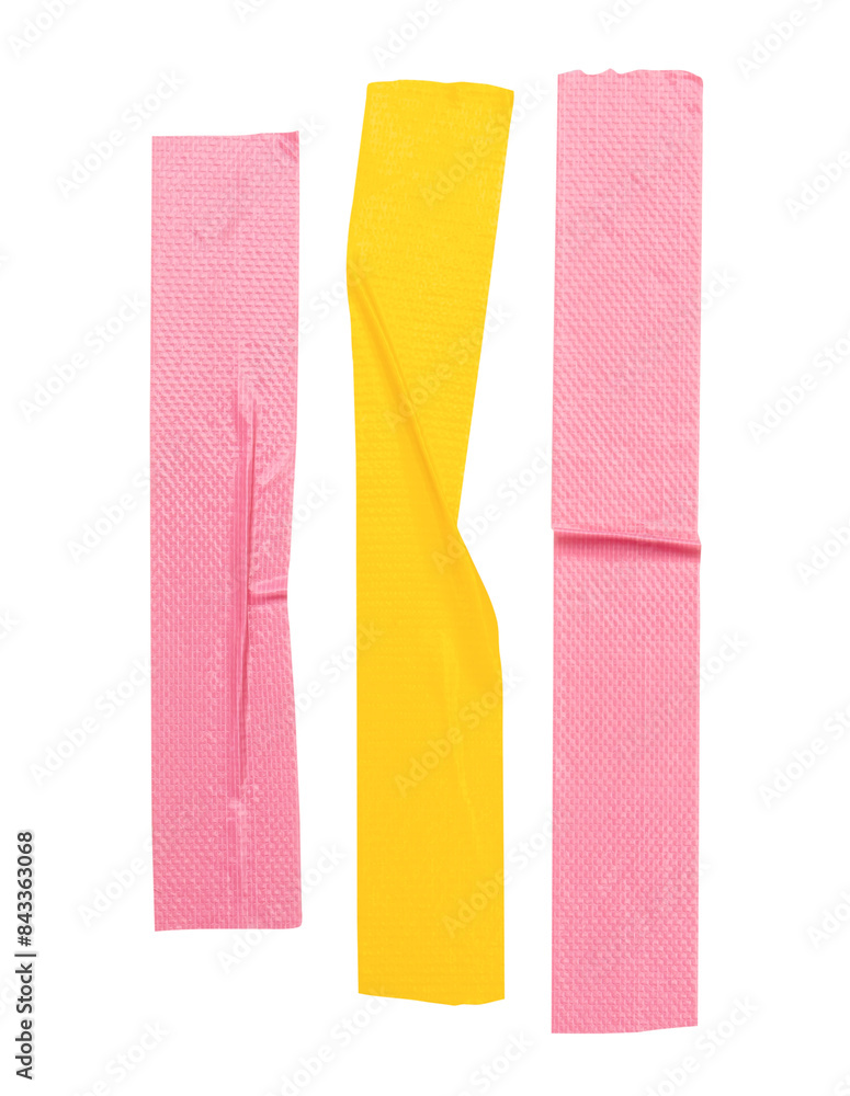 Top view set of pink and yellow wrinkled adhesive vinyl tape or cloth tape in stripe shape scattering isolated with clipping path in png file format Top view set of pink and yellow wrinkled adhesive vinyl tape or cloth tape in stripe shape scattering isolated with clipping path in png file format