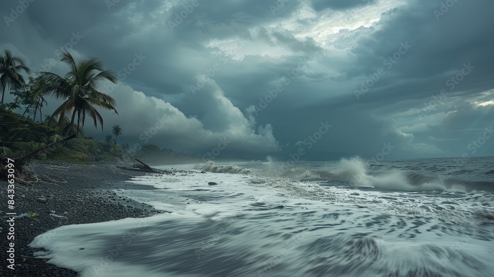 Obraz premium Bad weather conditions with lots of clouds, high waves and strong winds cause flooding due to the La Niña phenomenon.