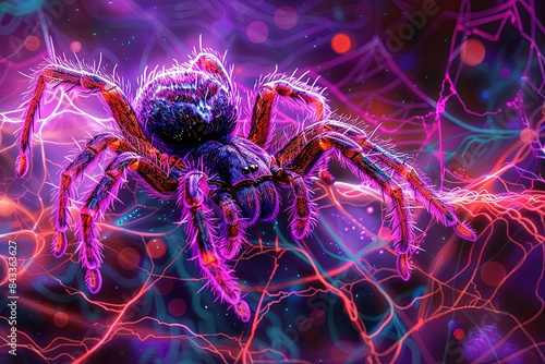 A vibrant Neo-Pop illustration of a spider crawling over a neon web, accented with electric colors photo
