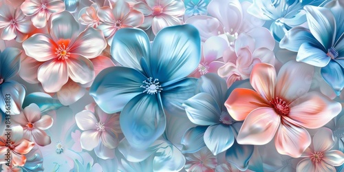 pink and blue pastel floral pattern with large flowers and pearls