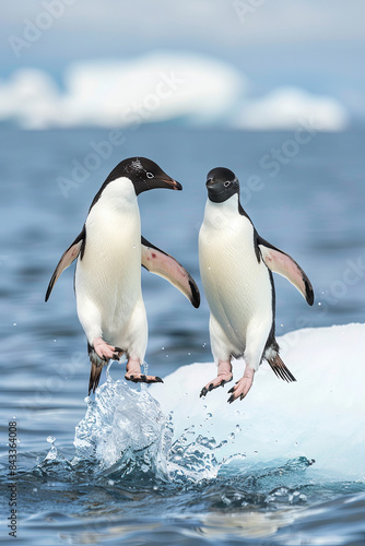 Adelie penguins leaping out of the water onto an ice edge in their natural habitat