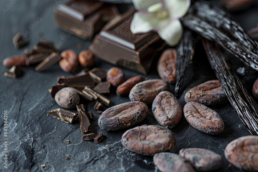 Raw cacao beans, chocolate pieces, and vanilla pods on a dark background Raw cacao beans, chocolate pieces, and vanilla pods on a dark background