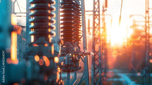 Substation at sunset with detailed switchgear and transmission towers in background photo