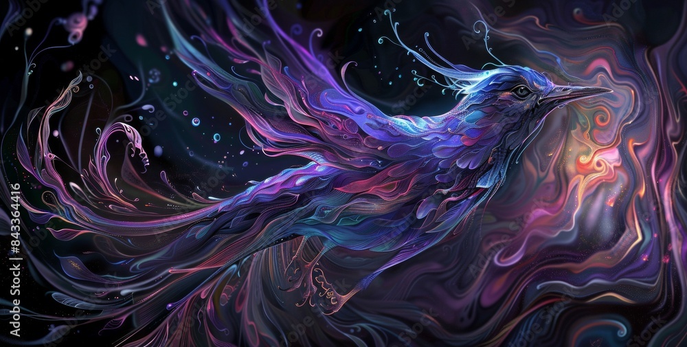 A beautiful bird with wings made of flowing ribbons, rendered in the style of detailed fantasy art. A beautiful bird with wings made of flowing ribbons, rendered in the style of detailed fantasy art.
