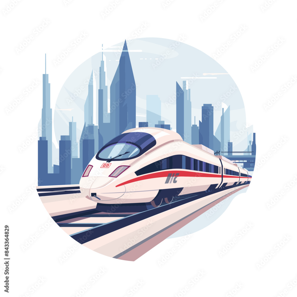 High-speed train, simple line drawing style with flat illustration, city background, light blue and white color scheme High-speed train, simple line drawing style with flat illustration, city background, light blue and white color scheme