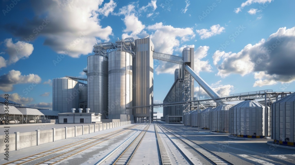 Cement plant with silos and large conveyor system Cement plant with silos and large conveyor system