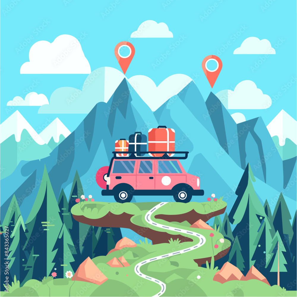 A cartoon-style illustration of an SUV car with luggage on the roof, driving through green mountains and forests A cartoon-style illustration of an SUV car with luggage on the roof, driving through green mountains and forests