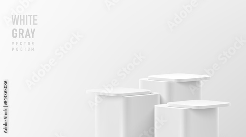 Realistic 3D round corner cube stand podium set in white, gray color scene. Vector abstract geometric platforms design. Wall minimal scene cosmetic products stage showcase, Banner promotion display.