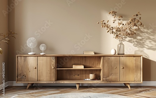 Beige wall mockup in a modern living room interior with a wooden cabinet and shelf, 3D rendering, in the style of +!+!